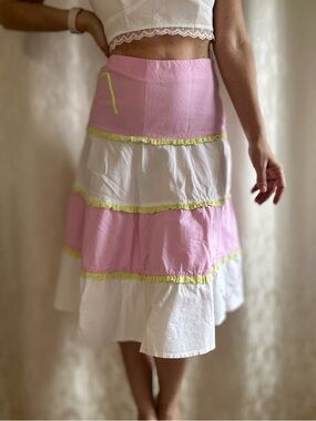 Vintage linen midi skirt with neon green accents